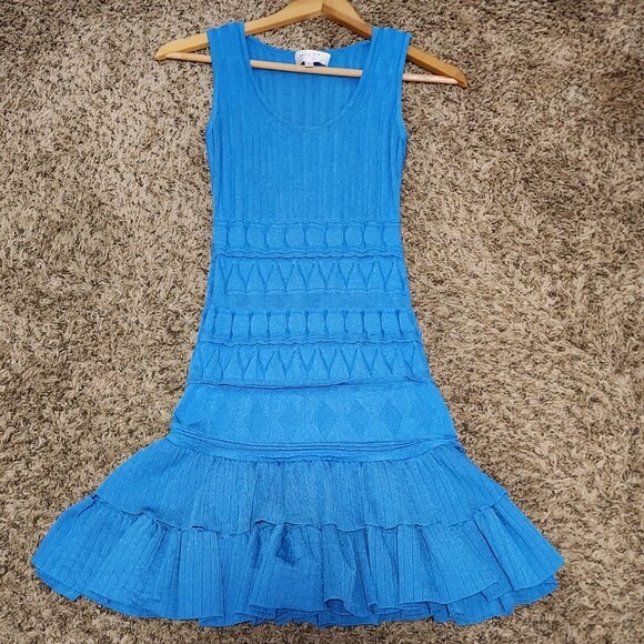 Milly Blue Pepper Dress Chic Mini Sleeveless Ribbed Knit Top Ruffle Hem Bold - Picture 8 of 8
